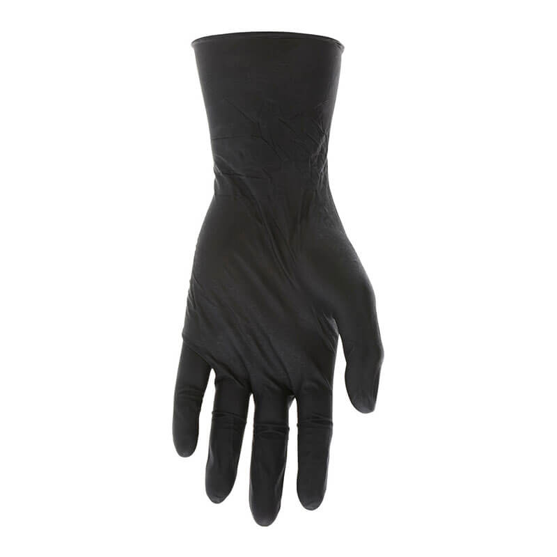 A single MCR Safety NitriShield Stealth Extra Glove 6062 is displayed upright against a white background, fingers slightly curved downward, emphasizing its powder-free quality. Comes in 10 boxes.