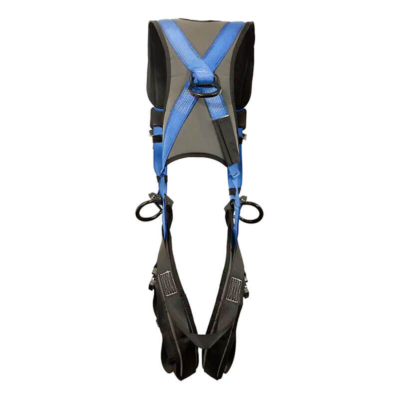 The French Creek Production 22AL670B-BLUE Stratos Full Body Harness features padded shoulder straps and adjustable buckles for fall protection and personal safety.