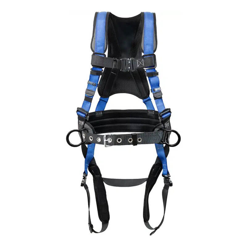 The French Creek Production 22AL870B-BLUE Stratos Full Body Harness is a blue and black lightweight safety harness with padded straps, waist belt, leg loops, adjustable buckles, and aluminum D-rings for fall protection or climbing.