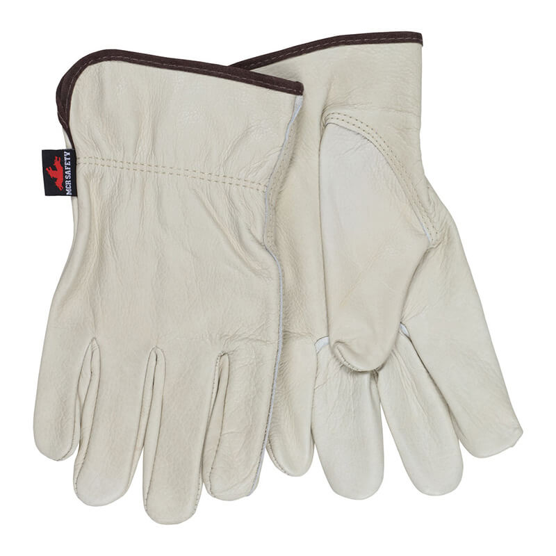 The MCR Safety Memphis Keystone Drivers Glove 3211 (12 pairs) features light beige cowhide leather, dark brown cuff trim, and a keystone thumb, shown overlapping on a white background.