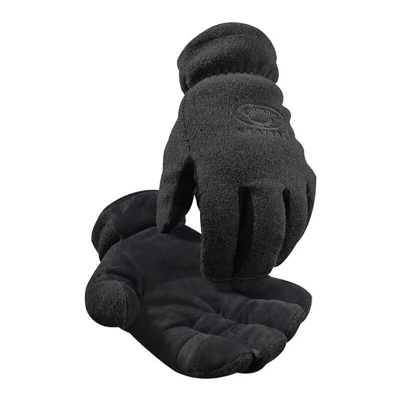 A pair of black, textured PIP Caiman Deerskin Leather Palm Gloves with rolled cuffs, crafted for warmth and outdoor activities. The gloves are displayed with one palm facing down and the other up, showcasing the Kontour Thumb Design and robust material. These gloves are offered by PIP - Protective Industrial Products.