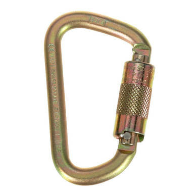 The 3M DBI-SALA Saflok Carabiner 2000112 by 3M Fall Protection is a metallic, oval-shaped carabiner featuring a screw-lock mechanism. It is enhanced for fall protection and has a bronze-colored finish with engraved text on its surface.
