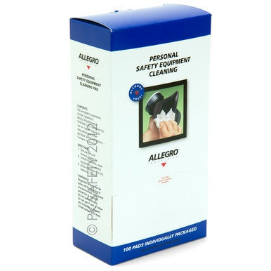 Allegro 3001 Alcohol-Free Respirator Cleaning Wipes by Allegro come in a blue and white box with an image of a hand cleaning safety goggles. Includes 100 individually packaged, alcohol-free wipes for easy, convenient use.