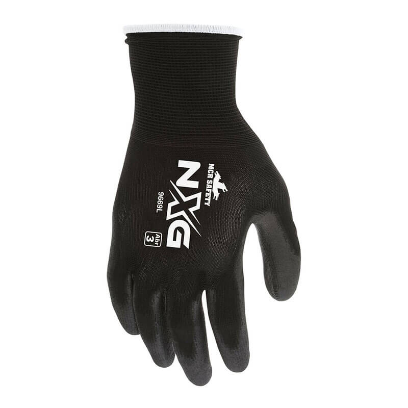 The MCR Safety NXG Polyurethane Coated Work Gloves 9669 are black 13-gauge nylon gloves with "NXG" and "INTGLOVE SAFETY" in white on the back. Ideal for industrial use, they provide durability and comfort in every pack of 12 pairs.