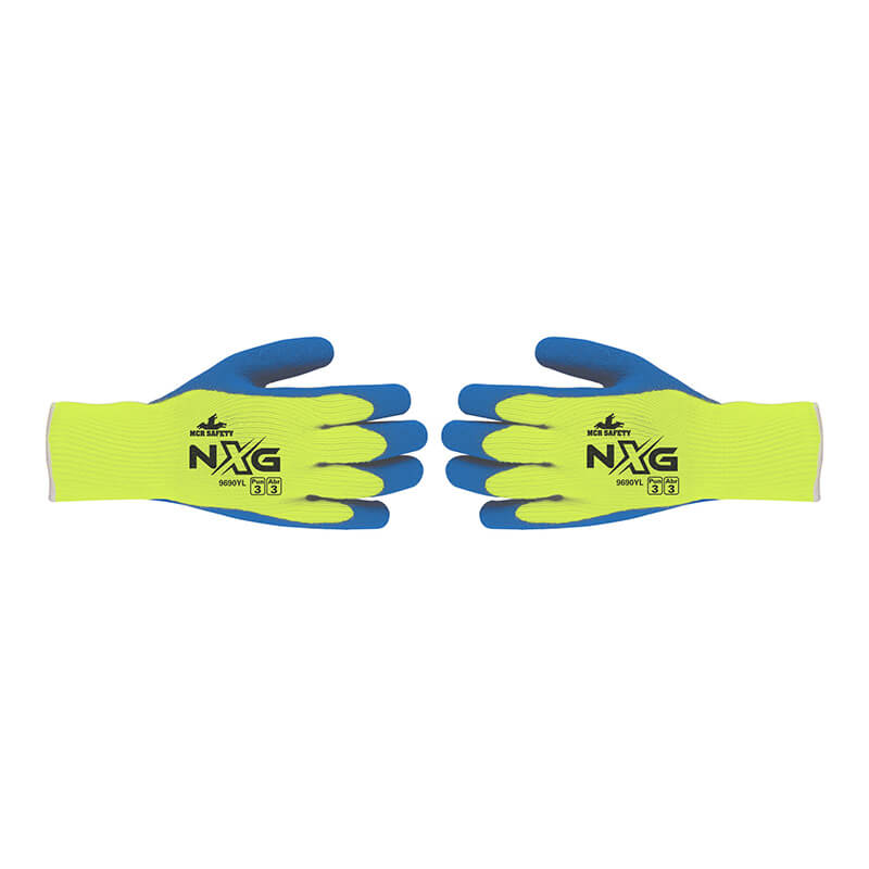 A set of MCR Safety NXG Insulated Hi-Vis Work Gloves 9690Y, featuring bright yellow-green palms and blue fingers with "NXG" and "SAFETY" labeled on the back, shown palms down on a white background. Sold as a pack of 12 pairs.