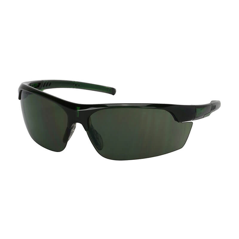 The PIP Xtricate-C Semi-Rimless Safety Glasses 250-58-05 feature a wraparound black plastic frame, dark-tinted lenses with FogLess 3Sixty Coating for clear vision—shown at an angle on a white background. (12 pairs per pack).
