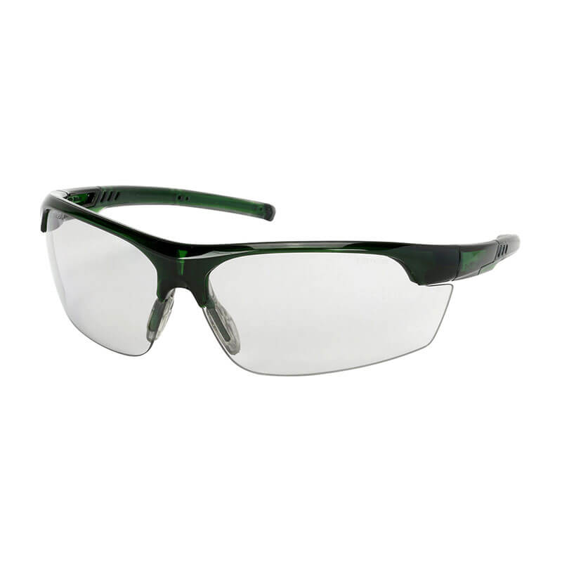 PIP Xtricate-C Semi-Rimless Safety Glasses 250-58-05 (12 pairs) feature a dark green plastic frame and clear lenses for reliable eye protection.