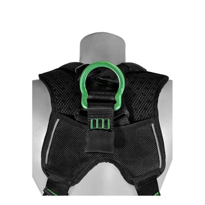 A close-up view of the Frontline Elite Harness Aluminum HW & Trauma Straps by Frontline Fall Protection, featuring a black design with green metal D-ring and aluminum hardware on the upper back of a mannequin.