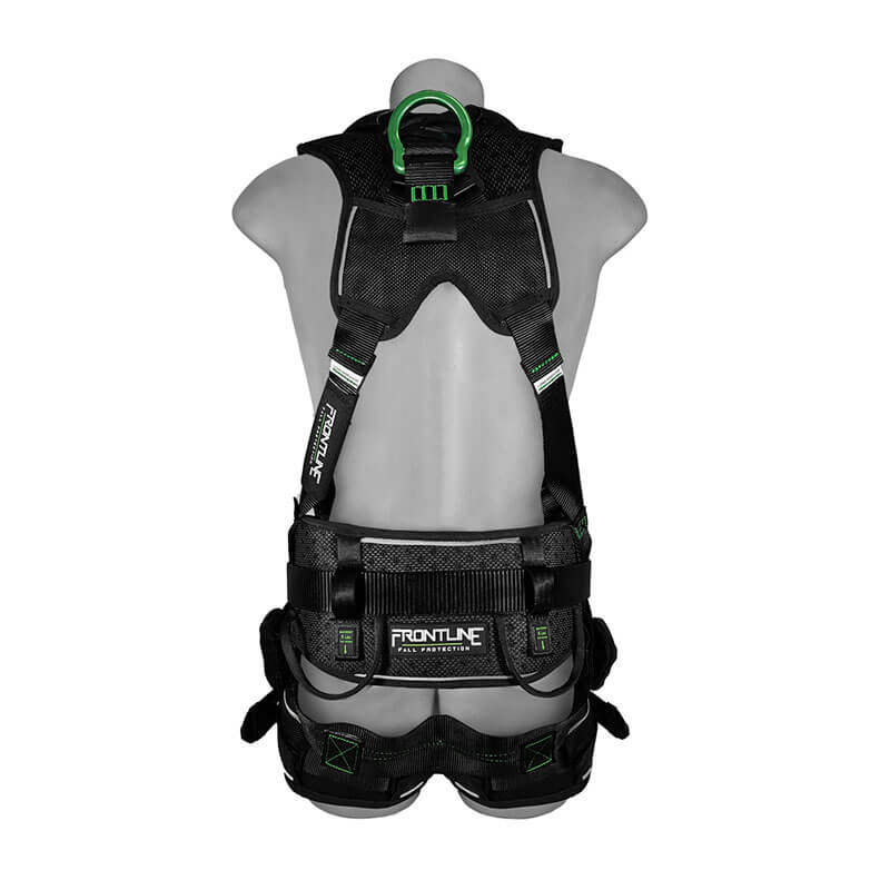 A gray mannequin displays the Frontline Fall Protection Elite Harness Aluminum HW & Trauma Straps in black and green, shown from the back with padded shoulder straps, a back D-ring, secure waist and leg straps, and trauma straps.