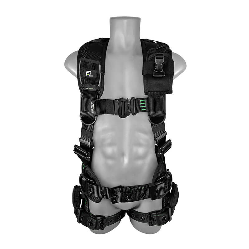 A gray mannequin torso displays the Frontline Elite Harness Aluminum HW & Trauma Straps by Frontline Fall Protection, featuring padded shoulder straps, aluminum hardware, multiple buckles, adjustable straps, and gear attachment points.