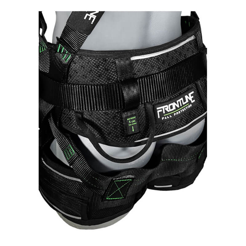 Close-up of the Frontline Elite Harness Aluminum HW & Trauma Straps by Frontline Fall Protection, featuring black material with green stitching and sturdy aluminum hardware, shown on a mannequin's lower torso.