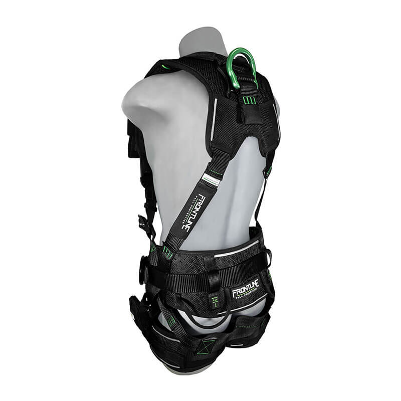 A gray mannequin is shown from the back wearing the Frontline Elite Harness Aluminum HW & Trauma Straps by Frontline Fall Protection, featuring padded straps, aluminum hardware, metal buckles, suspension trauma straps, and a large D-ring at the shoulder.