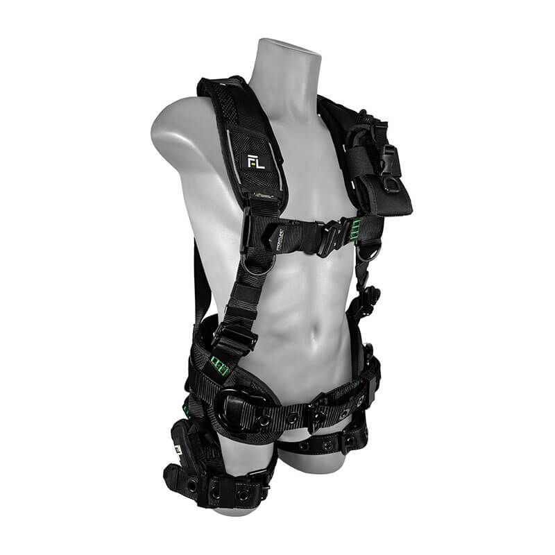 The Frontline Elite Harness Aluminum HW & Trauma Straps by Frontline Fall Protection is shown on a gray mannequin torso. This black harness includes padded straps, aluminum hardware, adjustment points, and reinforced support areas.