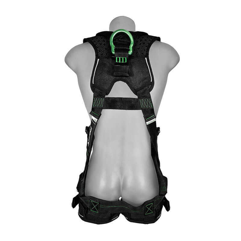 A back view of a mannequin wearing the Frontline Fall Protection Elite Vest Harness, black with green stitching, featuring aluminum hardware and trauma straps on the upper back.