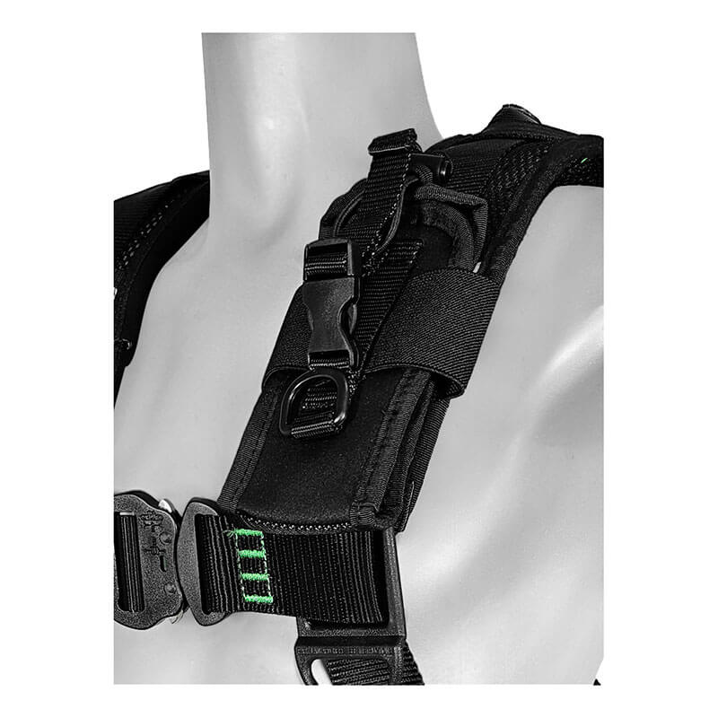 Close-up of the Frontline Elite Vest Harness Aluminum HW & Trauma Straps by Frontline Fall Protection, shown on a mannequin with padded shoulders, plastic buckles, green stitching, aluminum hardware, and metal attachment loops.