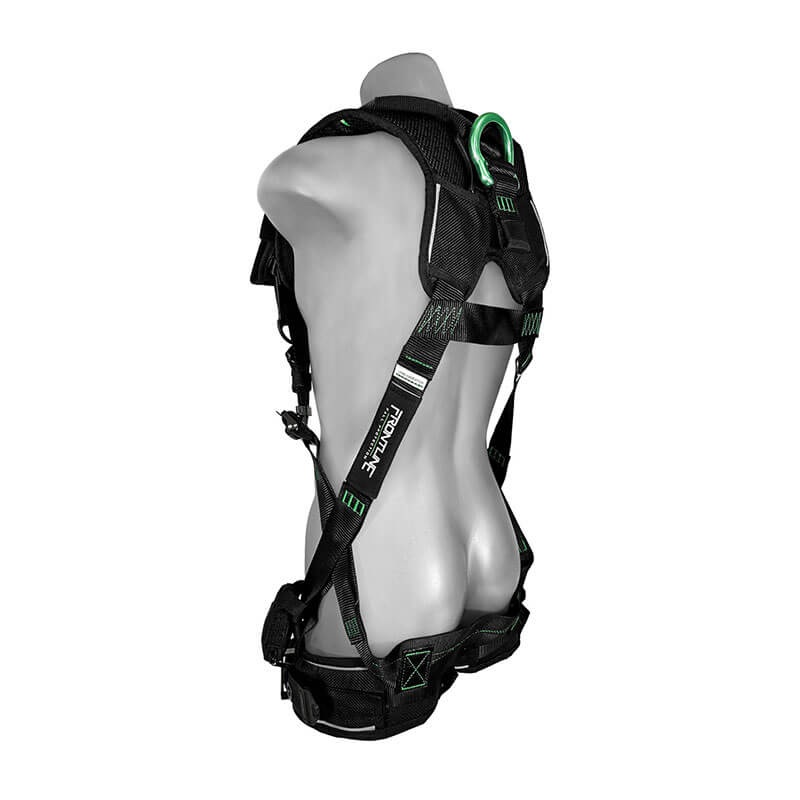 The Frontline Fall Protection Frontline Elite Vest Harness with aluminum hardware and trauma straps features padded straps, black and green accents, and is shown on a gray mannequin torso from the back.