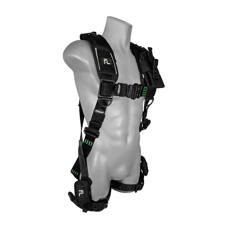 A gray mannequin torso displays the Frontline Fall Protection Frontline Elite Vest Harness with aluminum hardware, trauma straps, adjustable black vest-style design, green accents, and multiple buckles and attachment points.