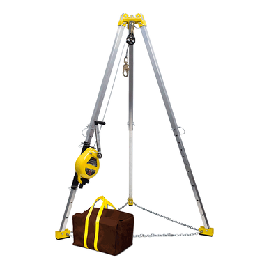 The French Creek Production 7' Tripod 3-Way Rescue Unit, model R50G-TP7, includes a yellow and silver stand with a pulley system and galvanized wire rope; it also comes with a brown bag featuring yellow handles connected by a metal chain linking the tripod legs.