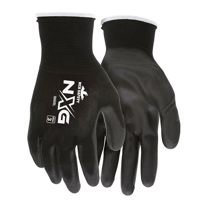 MCR Safety NXG Polyurethane Coated Work Gloves 9669 feature black 13-gauge nylon, white cuffs, and "NXG" on the back, providing industrial hand protection. Sold as 12 pairs by MCR Safety for safety or industrial use.