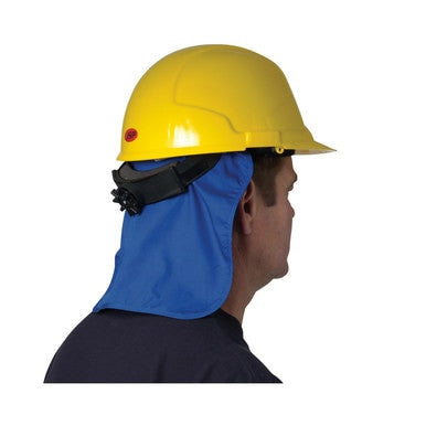 A person wearing a PIP EZ-COOL Cooling Hard Hat Pad with Neck Shade 396-405-BLU is viewed from the side against a plain white background, featuring a yellow hard hat with an integrated blue neck flap for sun protection and evaporative cooling.