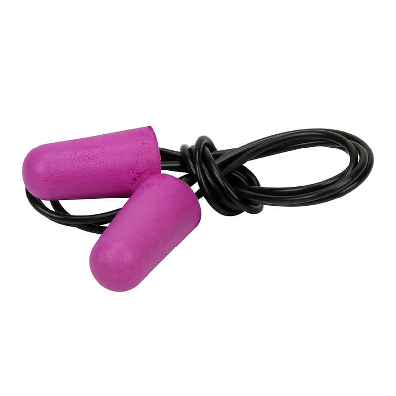 The PIP Nano Bullet Compact Soft PU Foam Corded Ear Plugs 267-HPF310C feature a pair of pink polyurethane foam earplugs with an NRR 28 rating, connected by a black cord and neatly coiled together.