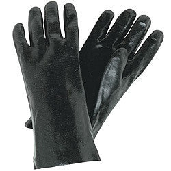 A pair of overlapping MCR Safety Memphis Single Dipped Smooth Finish black PVC-coated gloves with extended cuffs, ideal for chemical resistance.