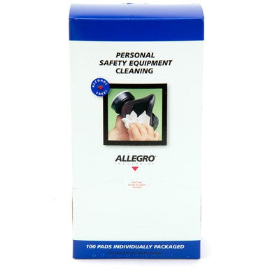 The Allegro 3001 Alcohol-Free Respirator Cleaning Wipes by Allegro come in a blue and white box featuring a hand cleaning a mask and include 100 wipes for maintaining respirator facepieces.