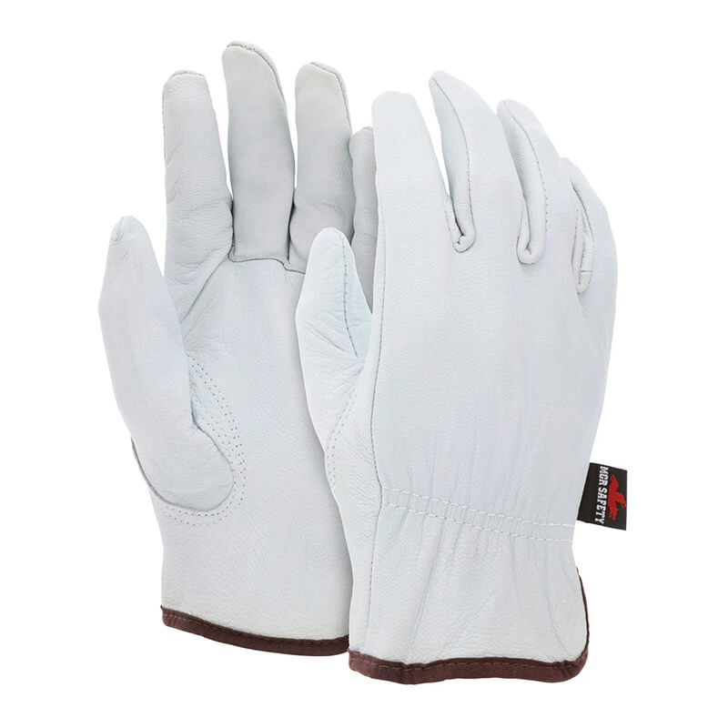 The MCR Safety Memphis Goatskin Drivers Glove 3611 (12 pairs) features white goatskin with brown wrist trim and a black label, offering abrasion resistance, comfort, and durability for everyday tasks. Displayed on a white background.