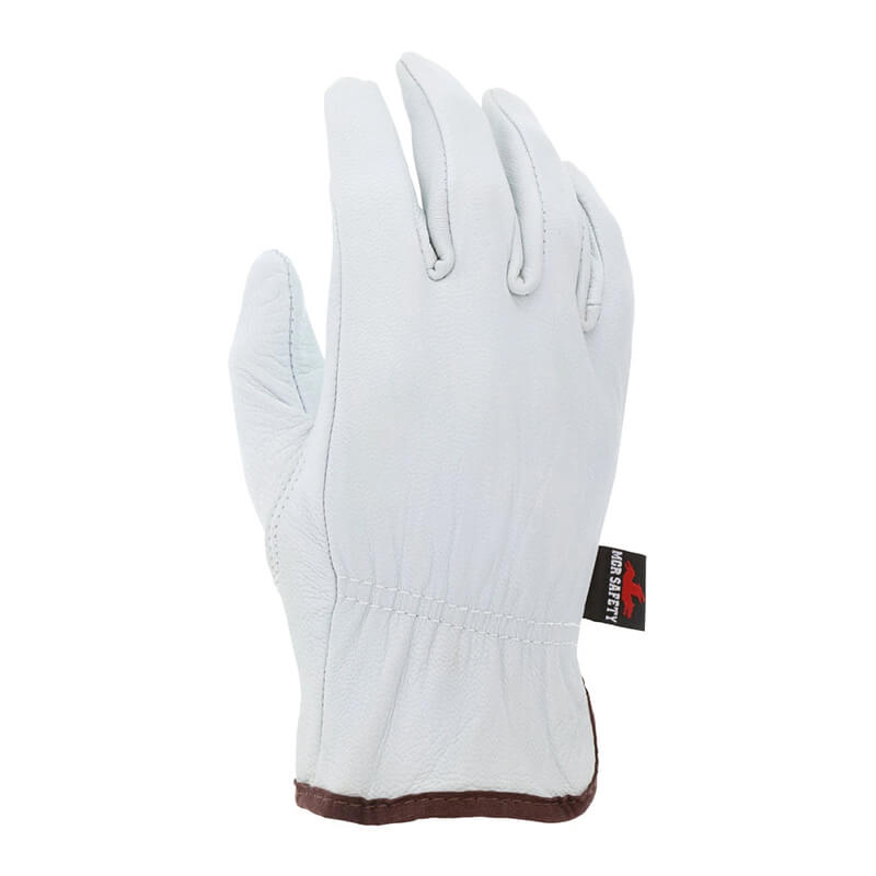 The MCR Safety Memphis Goatskin Drivers Glove 3611 (12 pairs) is a durable, abrasion-resistant white leather glove with brown wrist trim and a black side tag—ideal for tough jobs.