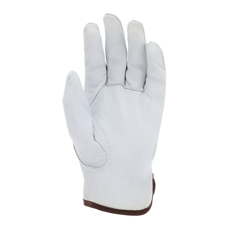 A single MCR Safety Memphis Goatskin Drivers Glove 3611 (12 pairs), light gray leather with brown wrist trim, shown palm up and fingers slightly curved.