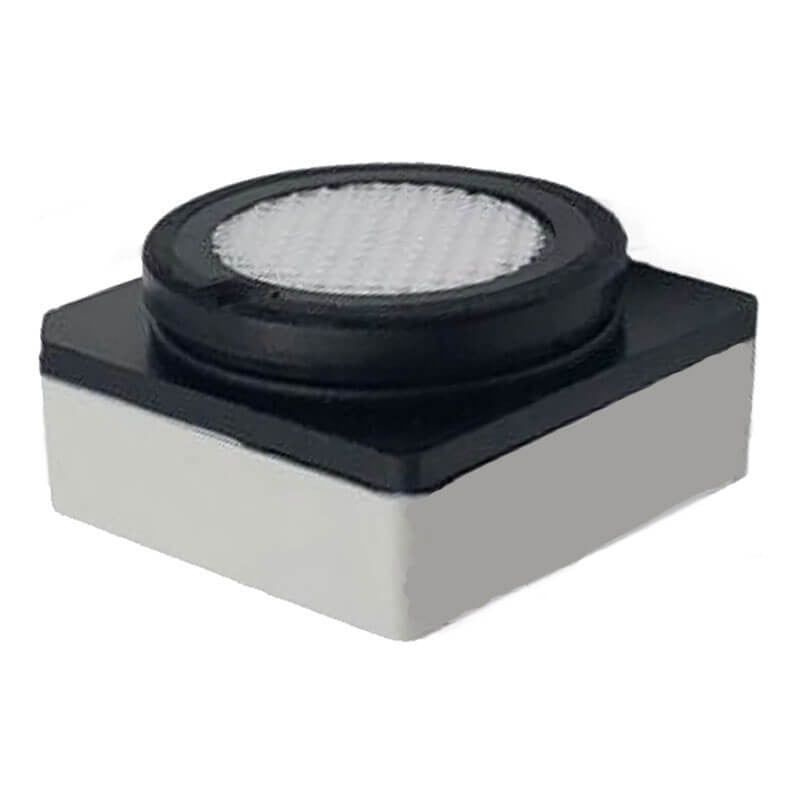 The Honeywell BW Replacement Oxygen (O2) Sensor, 1-Series SR-X1-1S from Honeywell Analytics Inc features a square design with a raised circular grid pattern on top. It has a white base that is enclosed by a black frame surrounding the circular section, exemplifying the precision of the 1-Series sensor design.