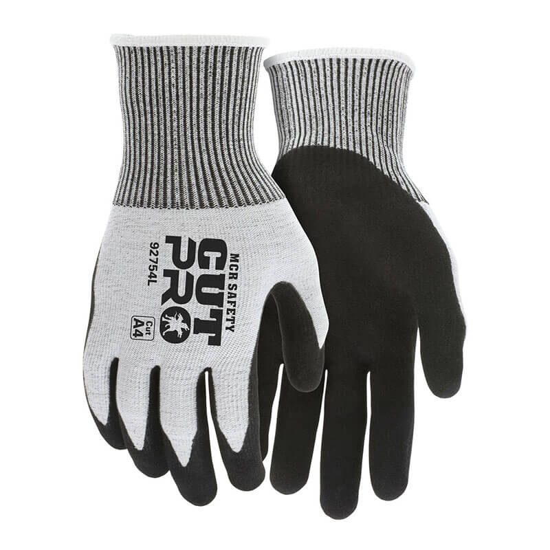A pair of gray and black MCR Safety CutPro 13G Double Coated Nitrile Gloves, model 92754. Featuring ribbed cuffs, durable construction, and HyperMax HPPE technology for A4 cut resistance—ideal for tough tasks. Comes in 12 pairs.