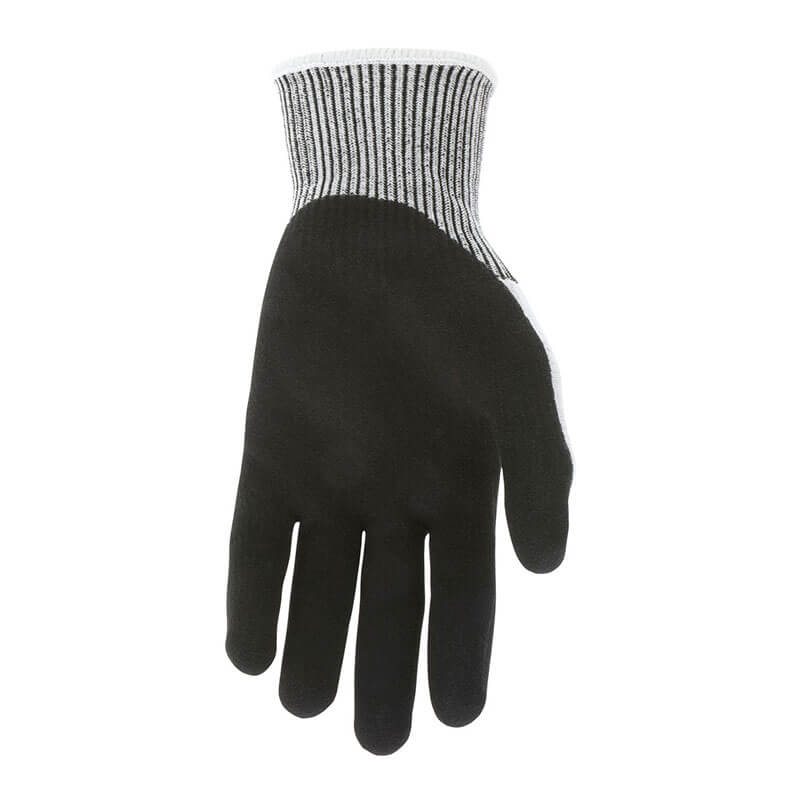 A single black MCR Safety CutPro 13G Double Coated Nitrile Glove (92754) with a gray and white ribbed cuff, shown palm up on a white background.