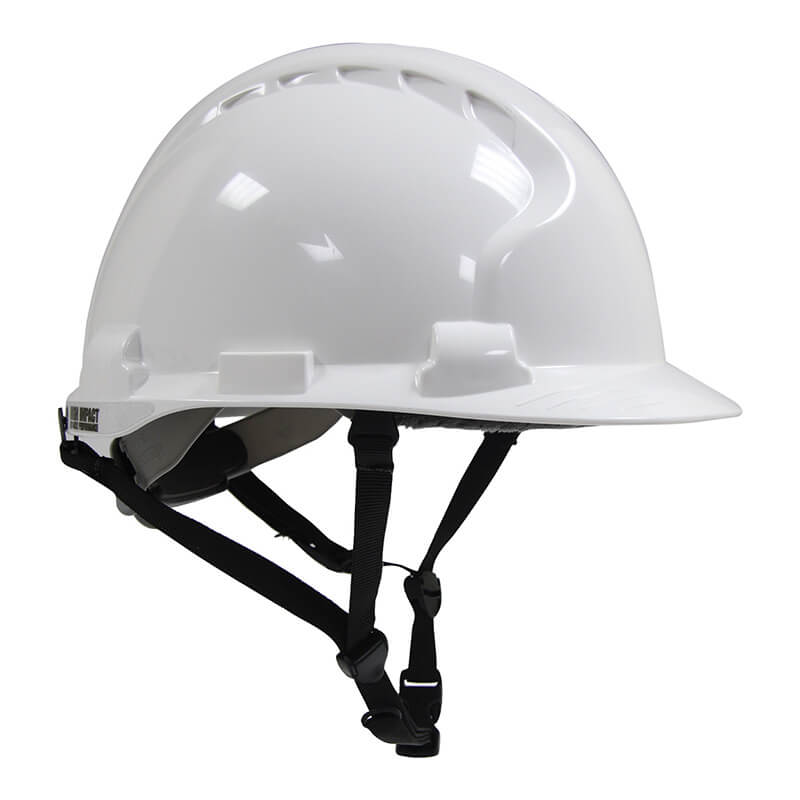 The JSP MK8 Evolution Type II Linesman Hard Hat 280-AHS240-10 by PIP is a white industrial safety helmet designed for head and side impact protection, featuring adjustable black straps. It includes ventilation slots on top and has a smooth, glossy surface. This hard hat meets ANSI Z89.1-2009 standards and is presented in a side profile view.