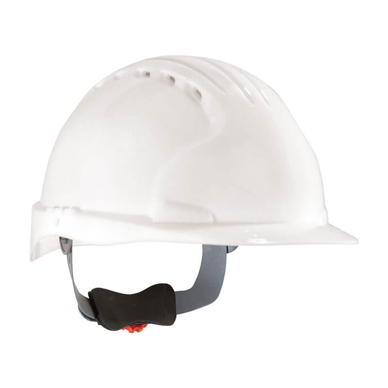 The PIP JSP Evolution Vented Hard Hat 280-EV6151V in white features a grey adjustable chin strap and top ventilation holes for enhanced comfort and head protection.