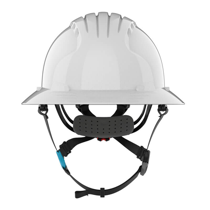 The PIP Evolution Deluxe 6262 Full Brim Safety Helmet by PIP is a white hard hat with a chin strap and adjustable interior suspension, shown from the front on a white background.