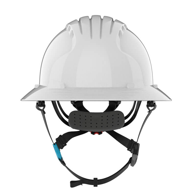 The PIP Evolution Deluxe 6262 Vented Full Brim Safety Helmet is shown from the front against a plain background, featuring a chin strap, adjustable headband, and EPS liner for enhanced jobsite head protection.