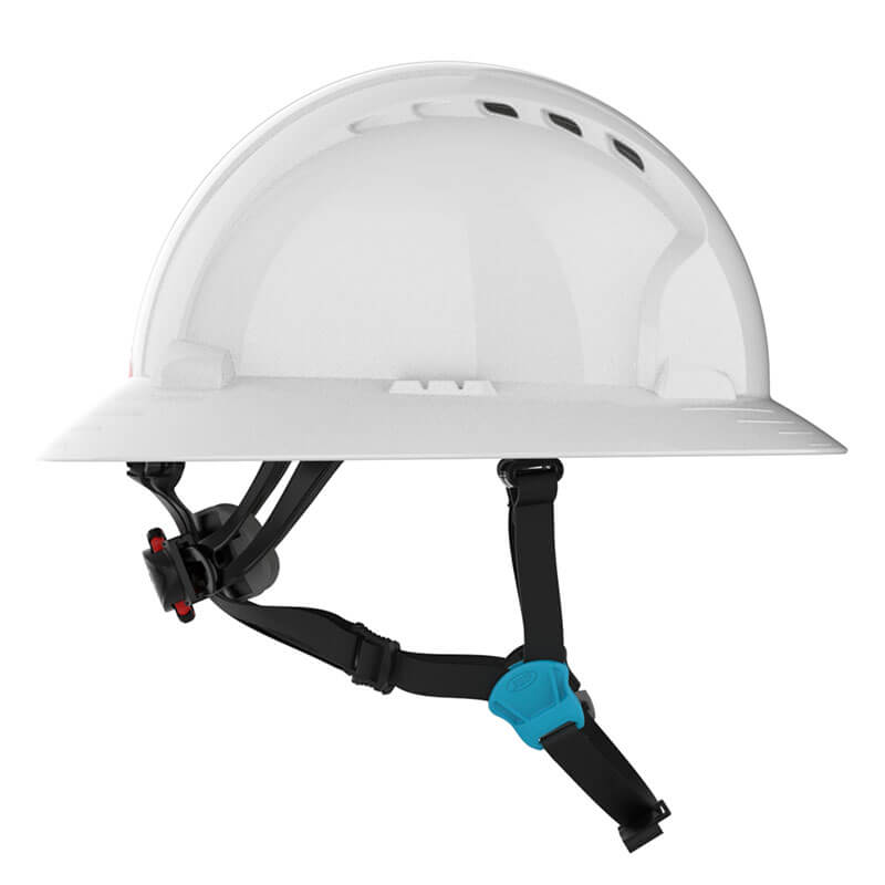 The PIP Evolution Deluxe 6262 Vented Full Brim Safety Helmet in white offers head protection with an adjustable black chinstrap and blue buckle, shown against a plain background.