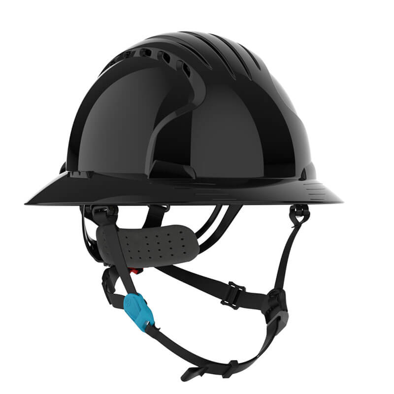 The PIP Evolution Deluxe 6262 is a black vented full brim safety helmet with a chin strap, adjustable headband, EPS liner, and top ventilation slots for superior protection in construction or industrial settings.