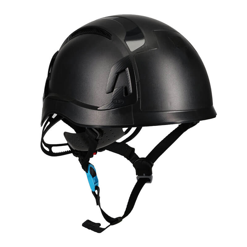 The PIP EVO ALTA Ascend Type II Vented Helmet, from Protective Industrial Products, showcases a sleek design with an ABS shell. It features adjustable straps and a chin buckle, enhanced with ventilation slits and a dark matte finish. This black industrial climbing helmet includes an EPP foam impact liner for optimal safety.