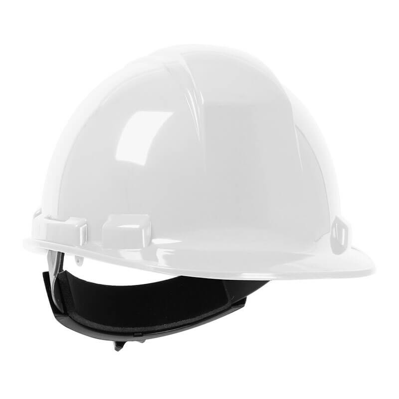 The PIP Whistler Cap Style Hard Hat 280-HP241R by PIP is shown in white, featuring high density polyethylene construction and a black ratchet adjustment strap, photographed from the side on a plain white background.