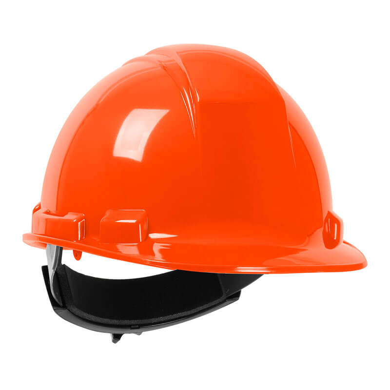The PIP Whistler Cap Style Hard Hat 280-HP241R by PIP is an orange high-density polyethylene helmet with an adjustable black strap and ratchet adjustment, shown against a white background. Available in cases of 12.