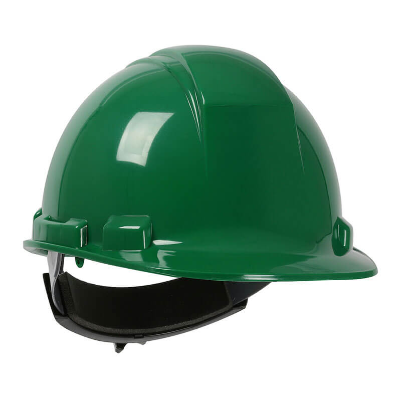 The PIP Whistler Cap Style Hard Hat 280-HP241R by PIP is shown in dark green high-density polyethylene with a glossy finish, adjustable black strap, and convenient ratchet adjustment for a secure fit.