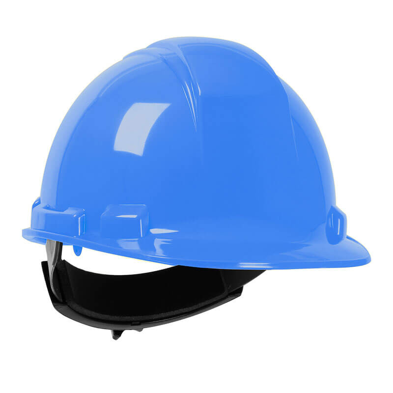 The PIP Whistler Cap Style Hard Hat 280-HP241R by PIP, in sky blue high density polyethylene with a glossy finish and black ratchet headband, is shown against a white background.