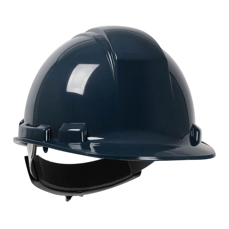 The PIP Whistler Cap Style Hard Hat 280-HP241R in navy, made from high density polyethylene with a glossy finish and ratchet adjustment strap, is shown against a plain white background. Brand: PIP.