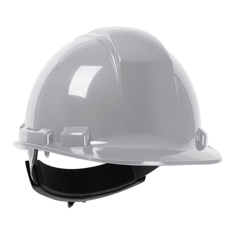 The PIP Whistler Cap Style Hard Hat 280-HP241R by PIP is a gray high-density polyethylene hard hat featuring a black adjustable chin strap and ratchet adjustment, shown against a white background.