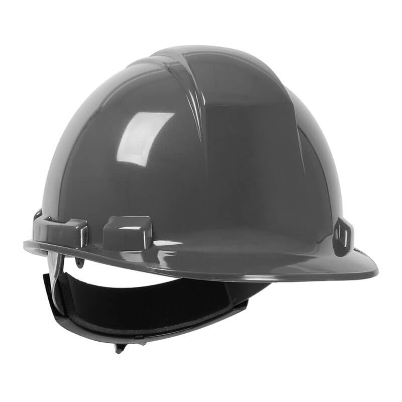 The PIP Whistler Cap Style Hard Hat 280-HP241R, in dark gray high-density polyethylene with an adjustable black ratchet strap, offers secure head protection for construction or industrial use. Brand: PIP. (12/case). Shown on a white background.
