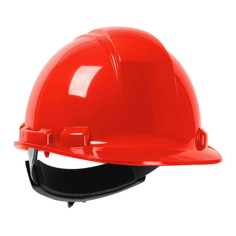 The PIP Whistler Cap Style Hard Hat 280-HP241R by PIP is a red, high-density polyethylene hard hat with a black adjustable chin strap and ratchet adjustment, displayed on a plain white background.