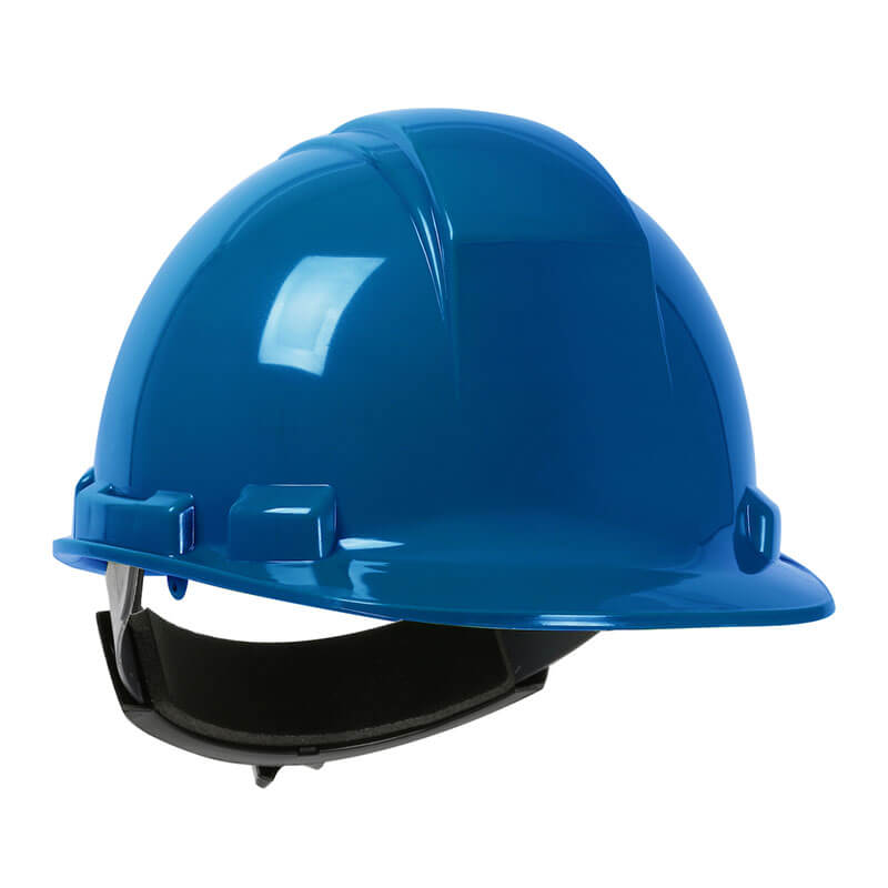 The PIP Whistler Cap Style Hard Hat 280-HP241R by PIP is a royal blue high-density polyethylene helmet with a black ratchet adjustment strap for secure fit, shown against a white background. Comes in cases of 12.