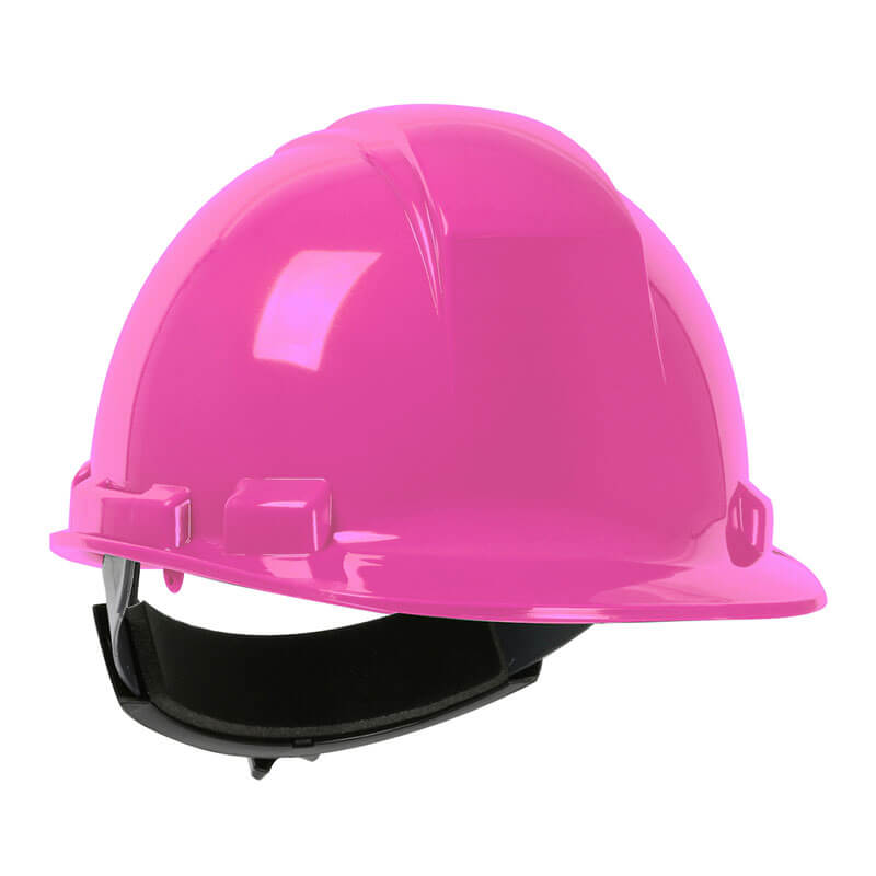 The PIP Whistler Cap Style Hard Hat 280-HP241R by PIP, shown in pink, is made from high-density polyethylene and features a black adjustable strap with a convenient ratchet adjustment, displayed on a white background.